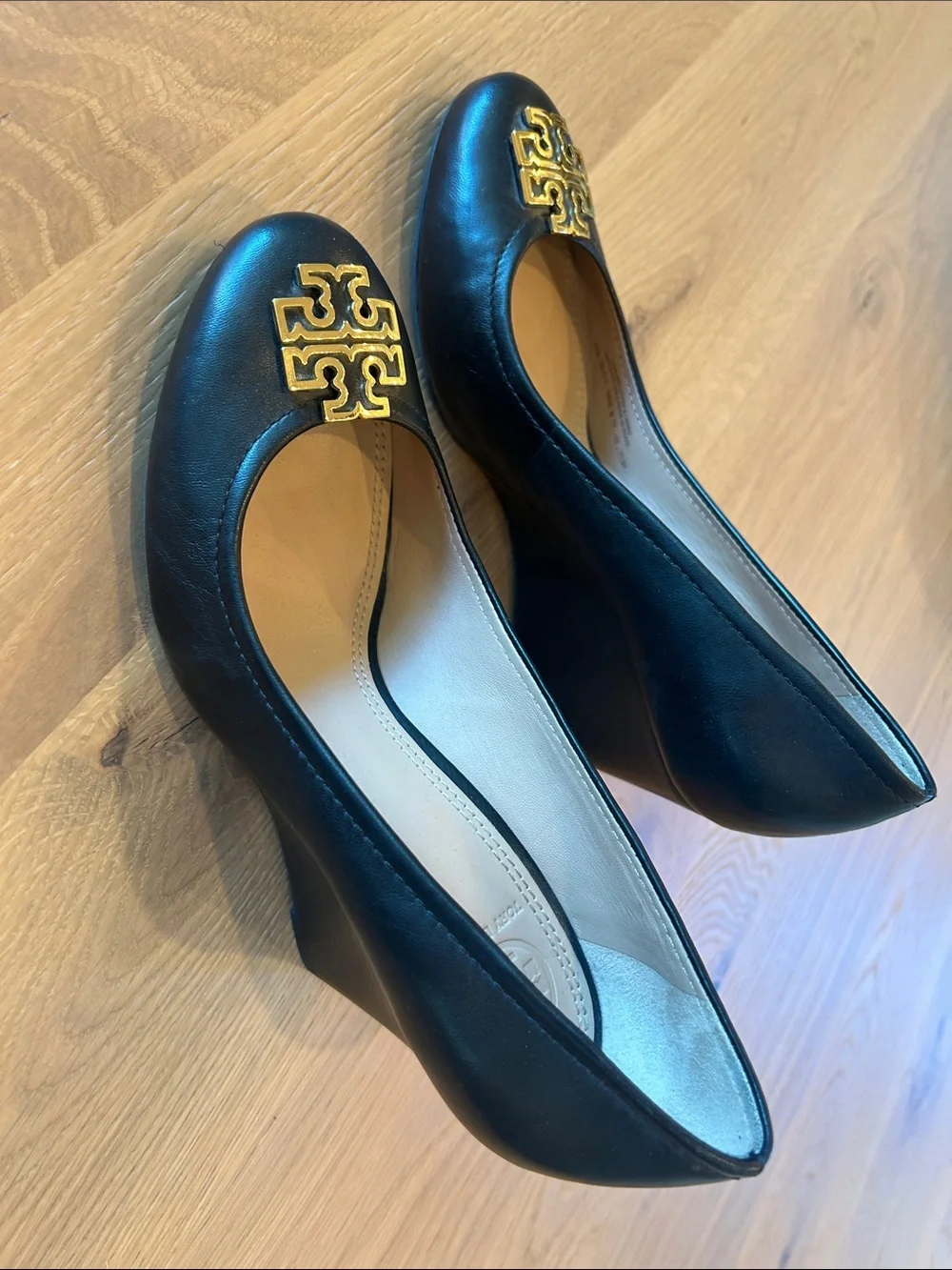 Tory Burch Black Leather Wedge Heels with Gold Logo